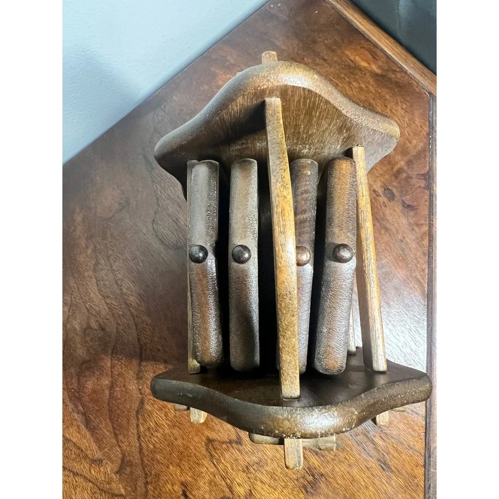 Vintage Wood & Cork Coaster Set: Rustic Home Decor, 5pc with Caddy (1979)